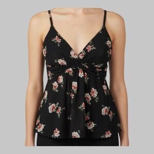 Express Y2K Semi Sheer Black Floral Babydoll Top Twist Front Coquette Fairy M